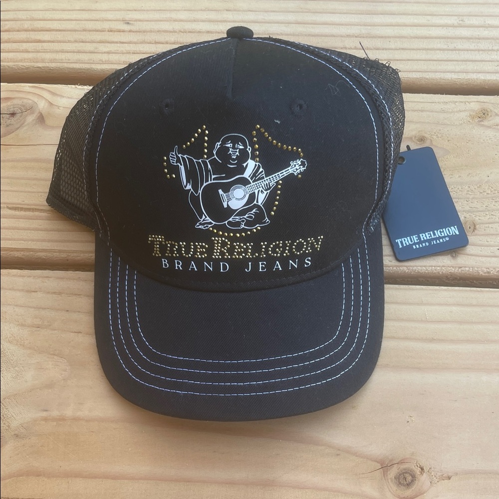 True Religion Black Trucker Hat with Gold Stud Accents